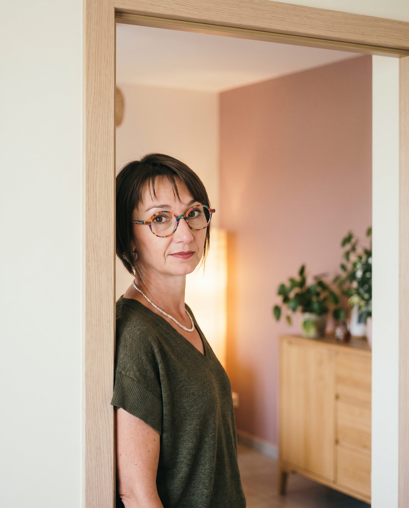 Émilie Haras debout dans l'encadrement d'une porte, la lumière du jour derrière elle